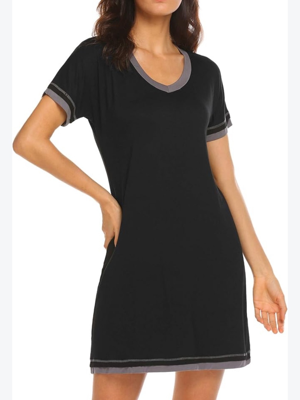 Black Short-Sleeve V-Neck Nightgown with Gray Trim